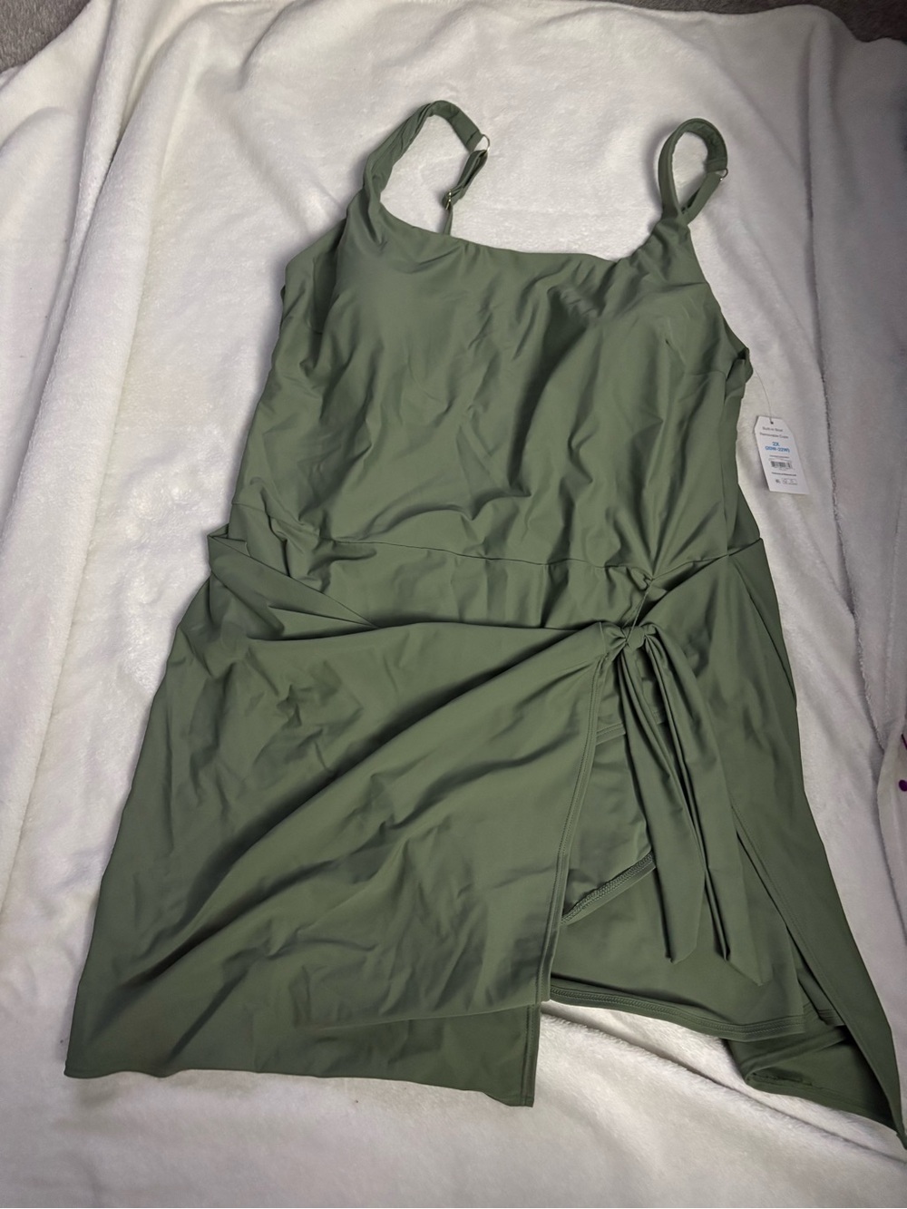 Time and Tru Olive Green One-Piece Swim Bodysuit with Side Tie Skirt